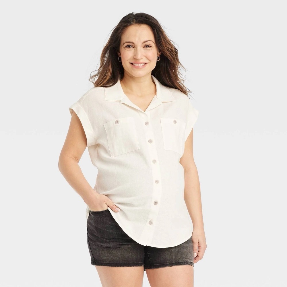 Isabel Maternity - Short Sleeve Linen Button-Up Maternity Shirt- XS - Picture 2 of 10